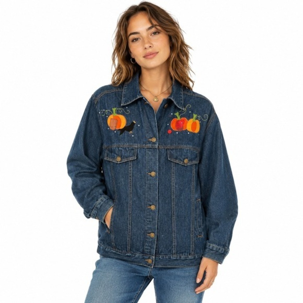Quacker Factory Denim Jacket Womens Medium Blue Excellent Pumpkin Scarecrow Fall